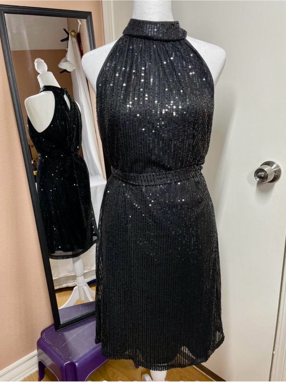 Black Sequin Halter Cocktail Dress Sz S/M aprox.